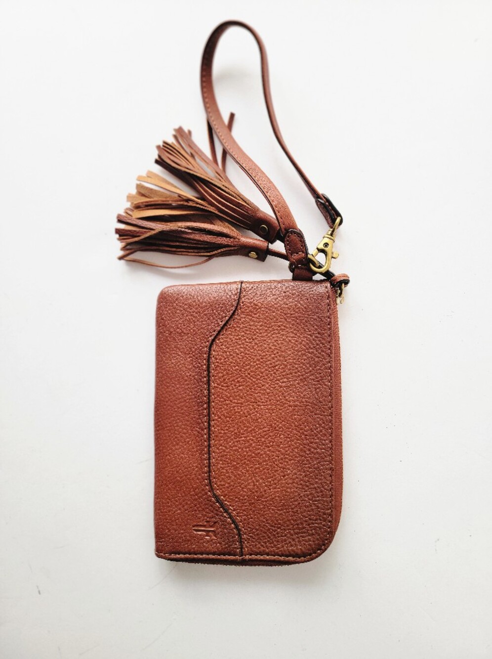 Frye Brown Leather Tassel Paige Wristlet Boho Minimalist Southwestern Western